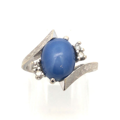 Mid Century Modern 14K White Gold Blue Star Sapphire Diamond Cocktail Ring