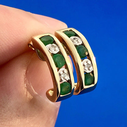 Elegant 14K Yellow Gold Emerald Diamond Channel Set Anniversary Huggie Earrings