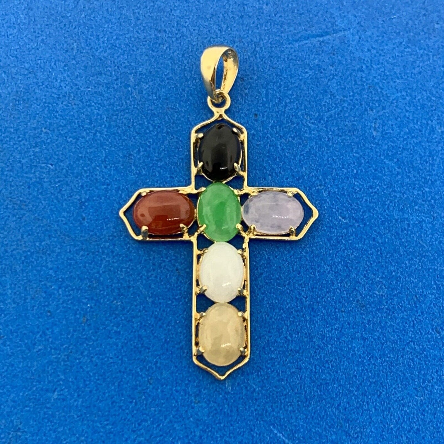 14K Yellow Gold Jade Onyx Coral Multi Gemstone Cabochon Cross Pendant