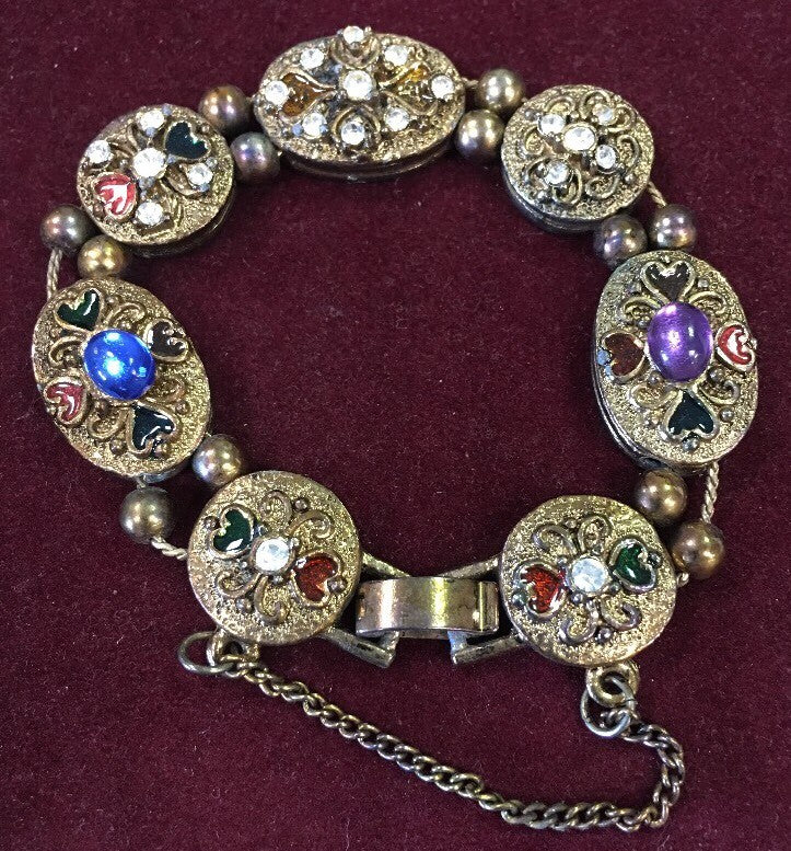 Vintage Fashion Gold Tone Multi Stone Hearts Statement Slide Charm Bracelet