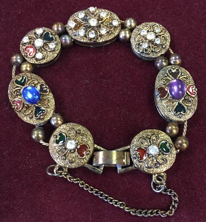 Vintage Fashion Gold Tone Multi Stone Hearts Statement Slide Charm Bracelet