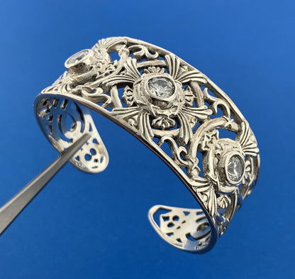 Artisan Sterling Silver Cubic Zirconia Open Scroll Work Statement Cuff Bracelet