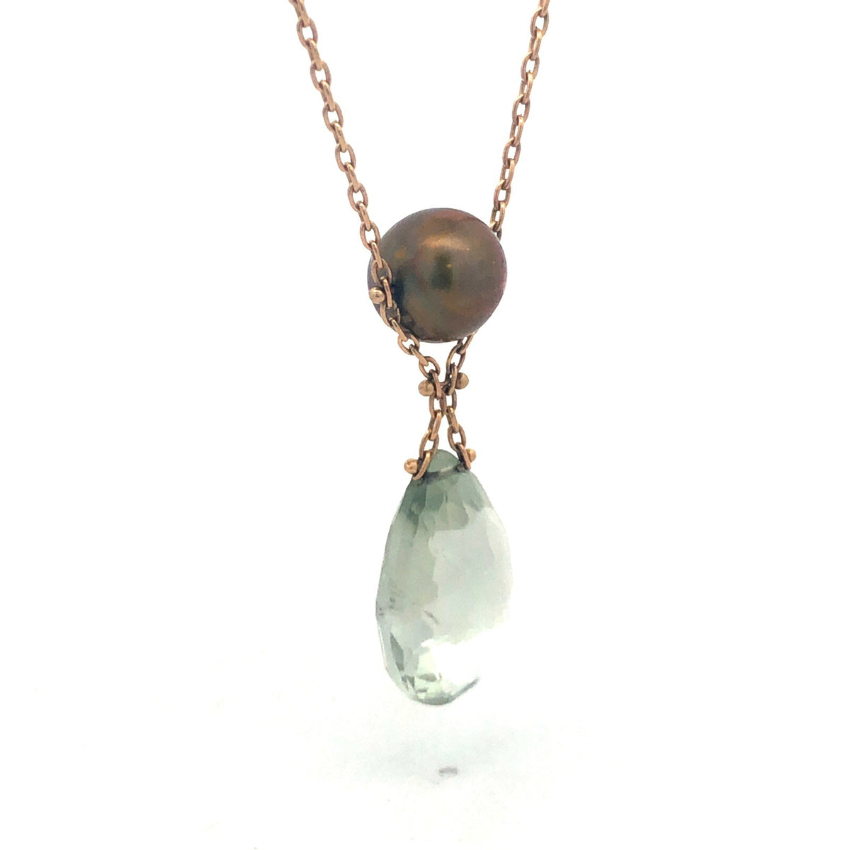 Gorgeous 14k Yellow Gold Teardrop Peridot Green Pearl 18" Oval Link Necklace