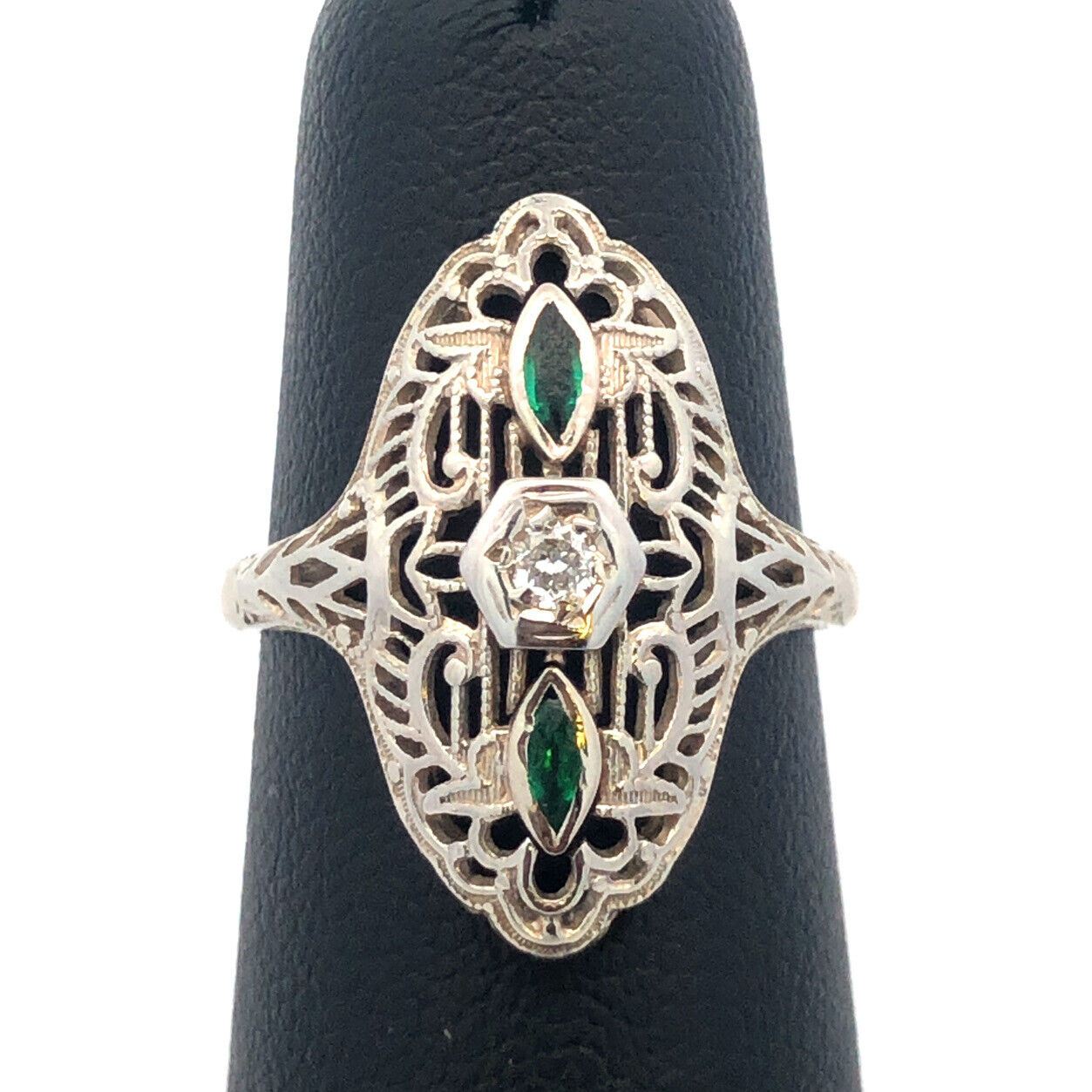 Designer Art Deco 14K White Gold Diamond Emerald Accent Filigree Cocktail Ring