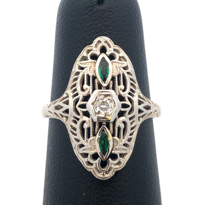 Designer Art Deco 14K White Gold Diamond Emerald Accent Filigree Cocktail Ring