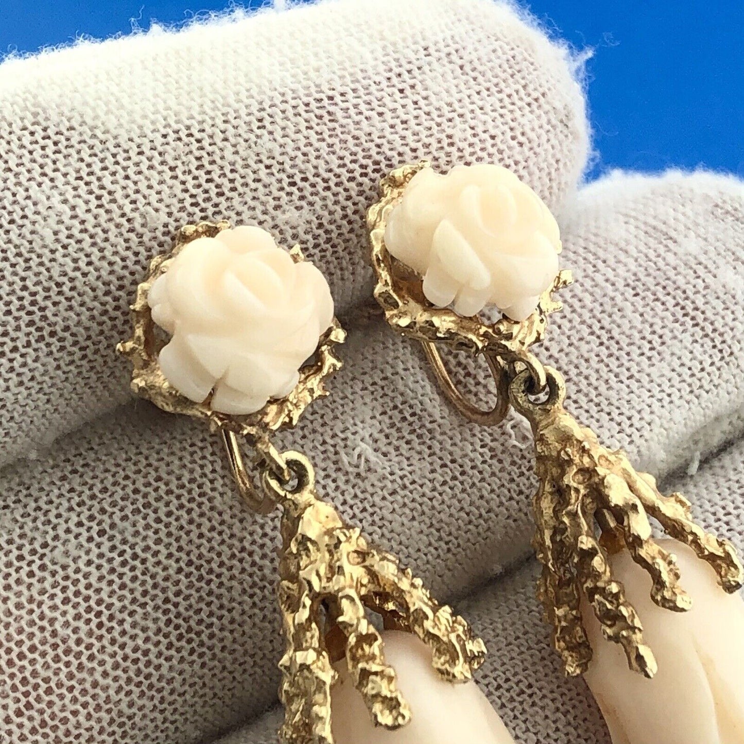 Mid Century 14K Yellow Gold Carved Pink Coral Rose Flower Dangle Screw Earrings