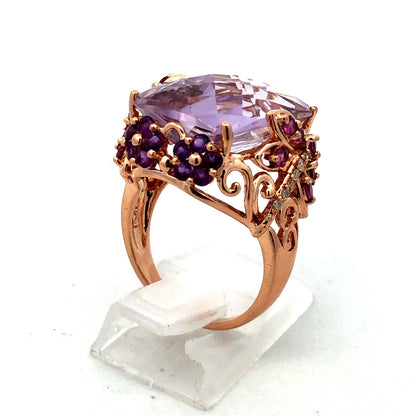 Designer 14K Yellow Gold Amethyst Pink Tourmaline Diamond Statement Floral Ring