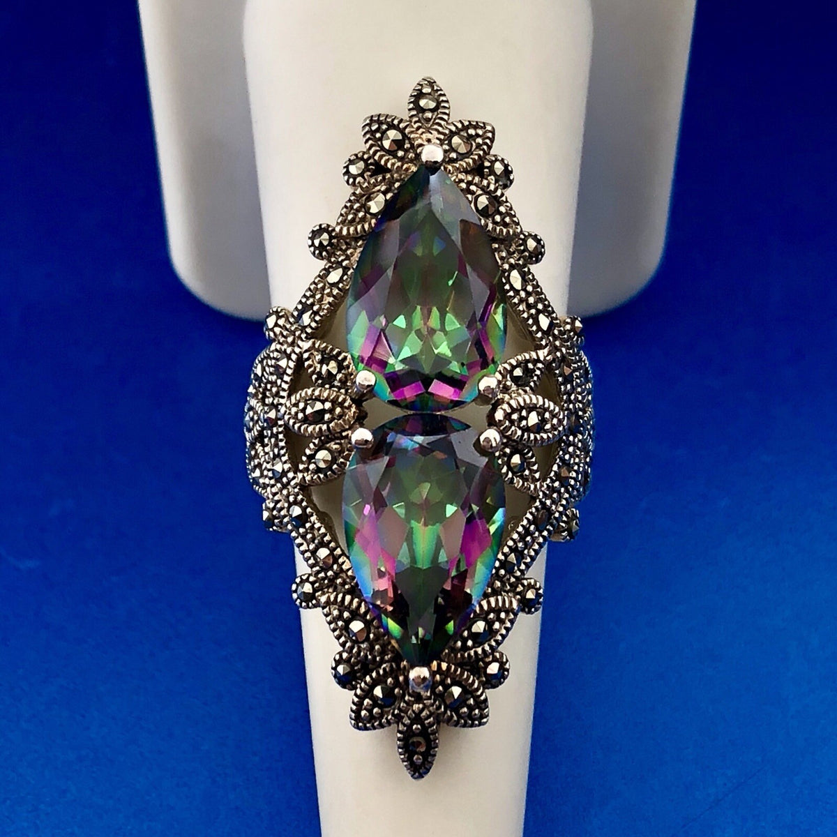 Designer BBJ Sterling Silver 925 Mystic Topaz Marcasite Statement Finger Ring
