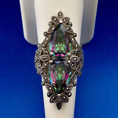 Designer BBJ Sterling Silver 925 Mystic Topaz Marcasite Statement Finger Ring