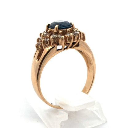 Vintage 14K Yellow Gold Oval Blue Sapphire Round Diamond Halo Anniversary Ring