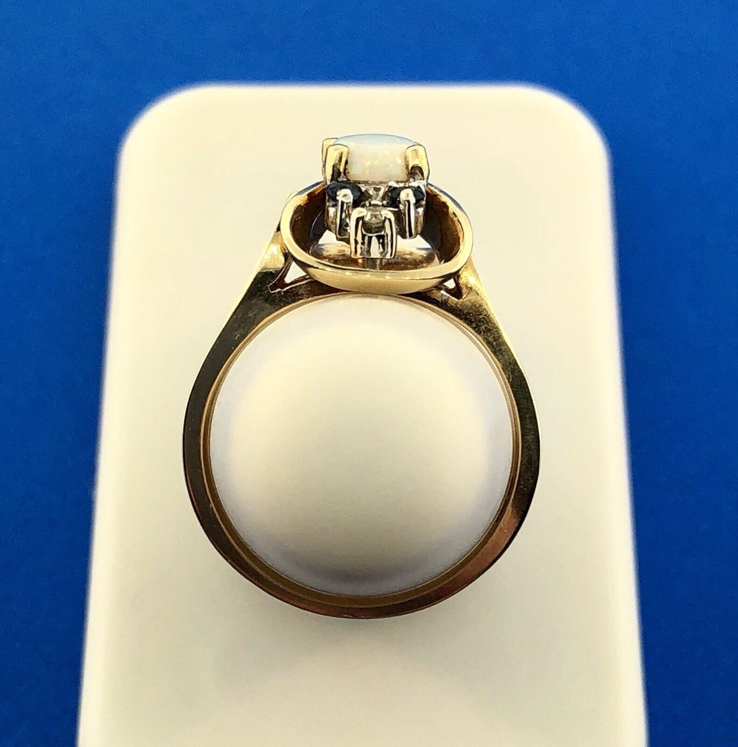 Retro 14K Yellow Gold Diamond Sapphire Opal Modernist Free Form Cocktail Ring