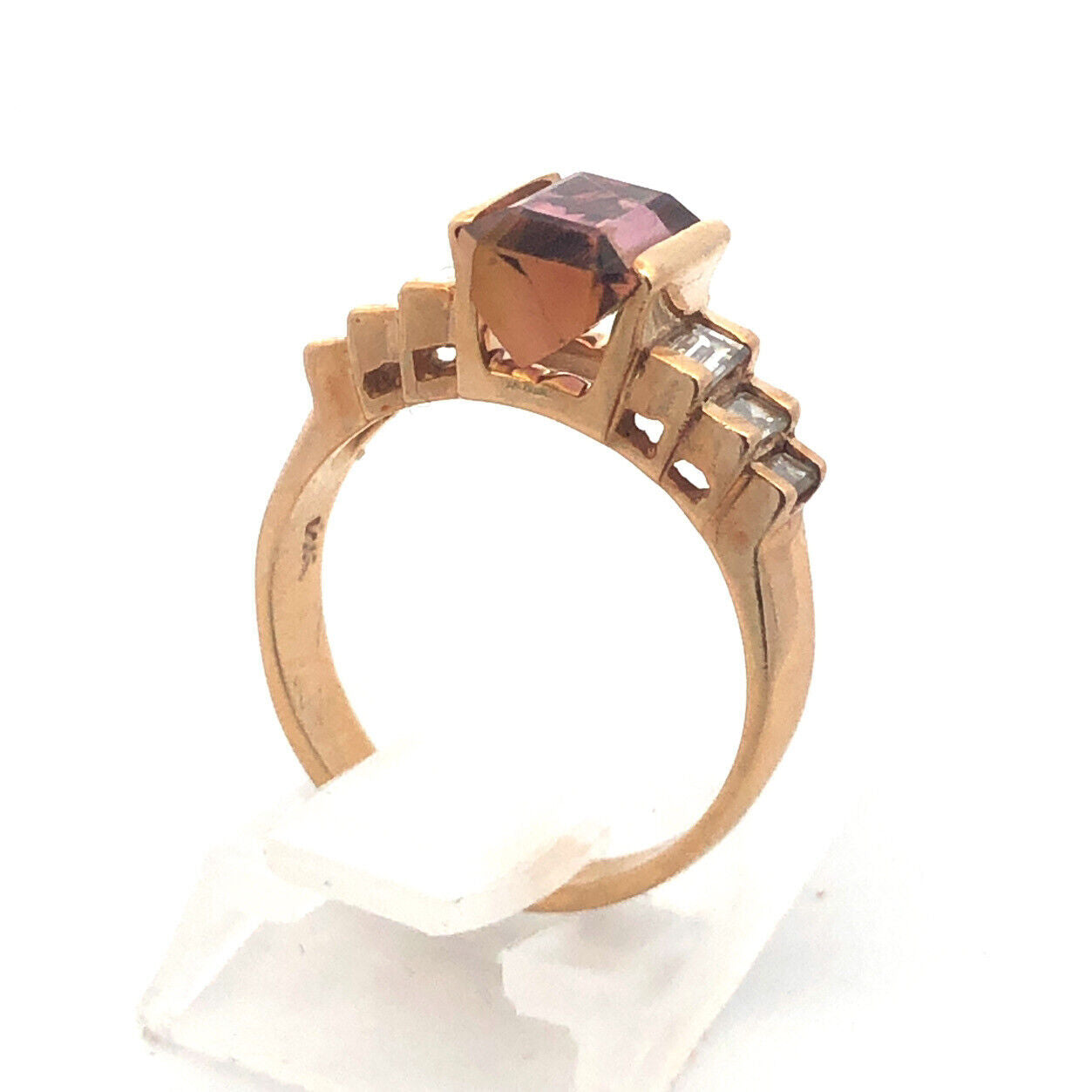 Vintage 14K Yellow Gold Watermelon Tourmaline Diamond Waterfall Cocktail Ring