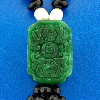 Art Deco Freshwater Pearl Black Jet Bead Carved Jade Jadeite Pendant Necklace