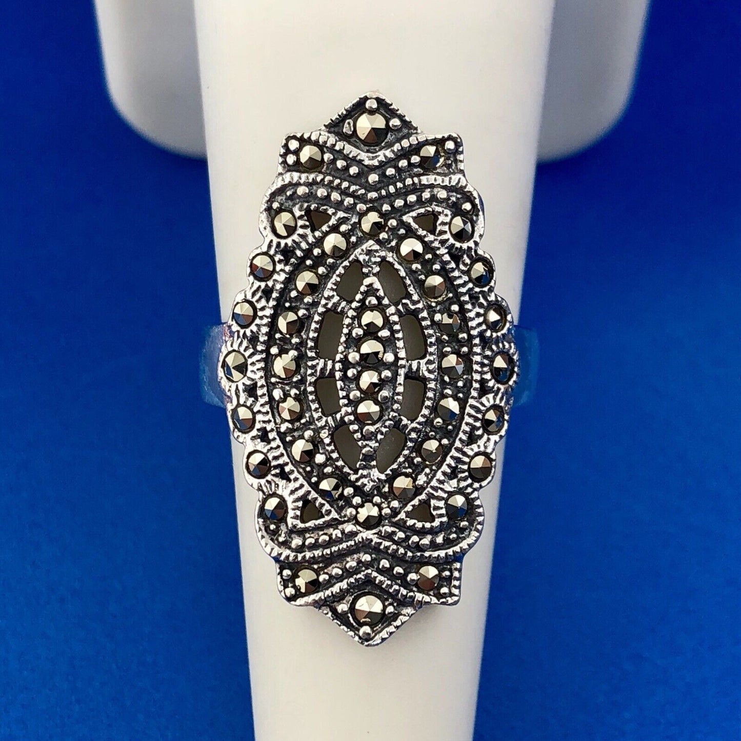 Retro 925 Sterling Silver Marcasite Filigree Scroll Statement Cocktail Ring