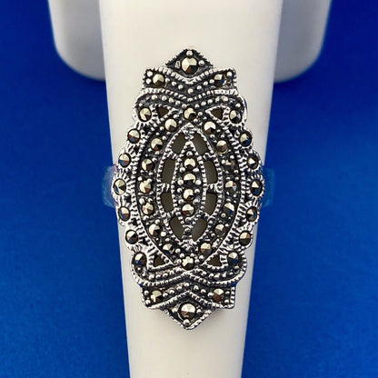 Retro 925 Sterling Silver Marcasite Filigree Scroll Statement Cocktail Ring