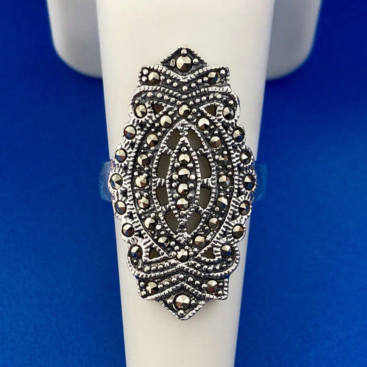 Retro 925 Sterling Silver Marcasite Filigree Scroll Statement Cocktail Ring