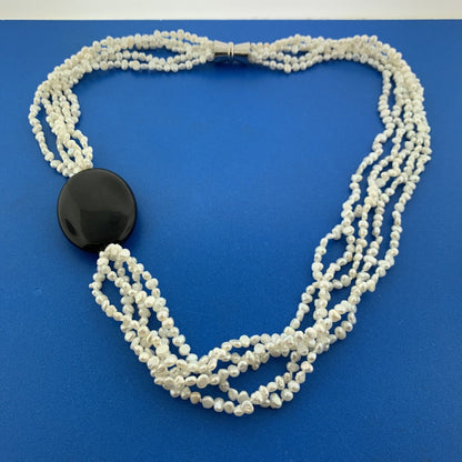 Vintage Silver Tone Handknotted White Pearl Black Onyx Statement Choker Necklace