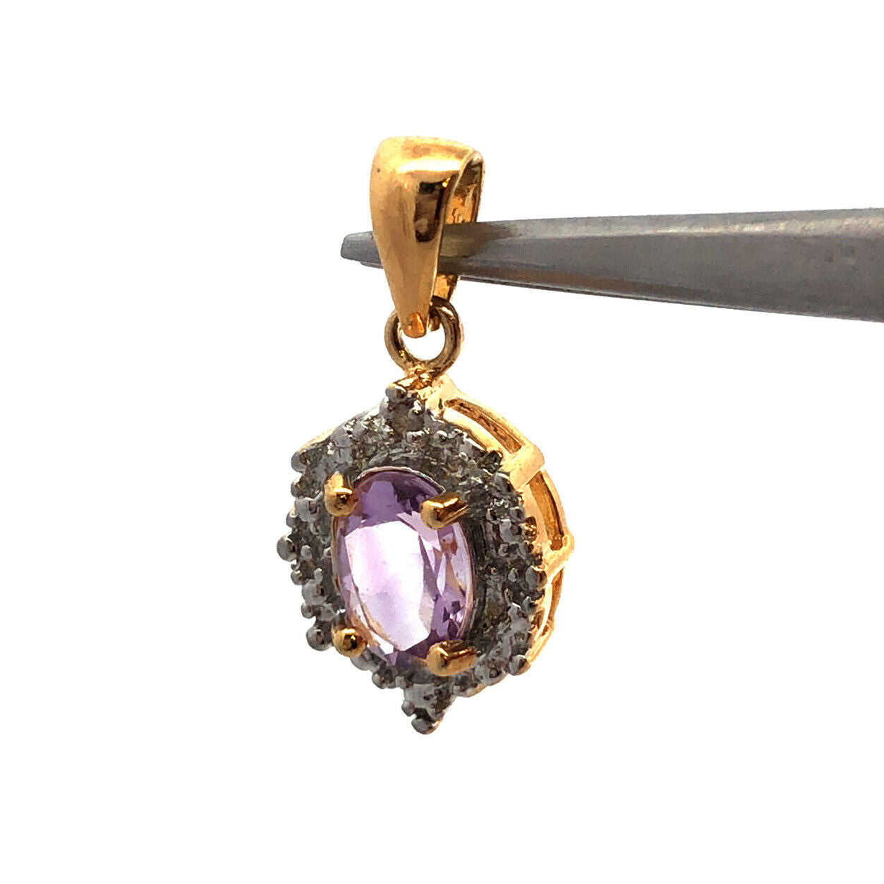Designer 925 Sterling Silver Vermeil Oval Amethyst Diamond Pendant