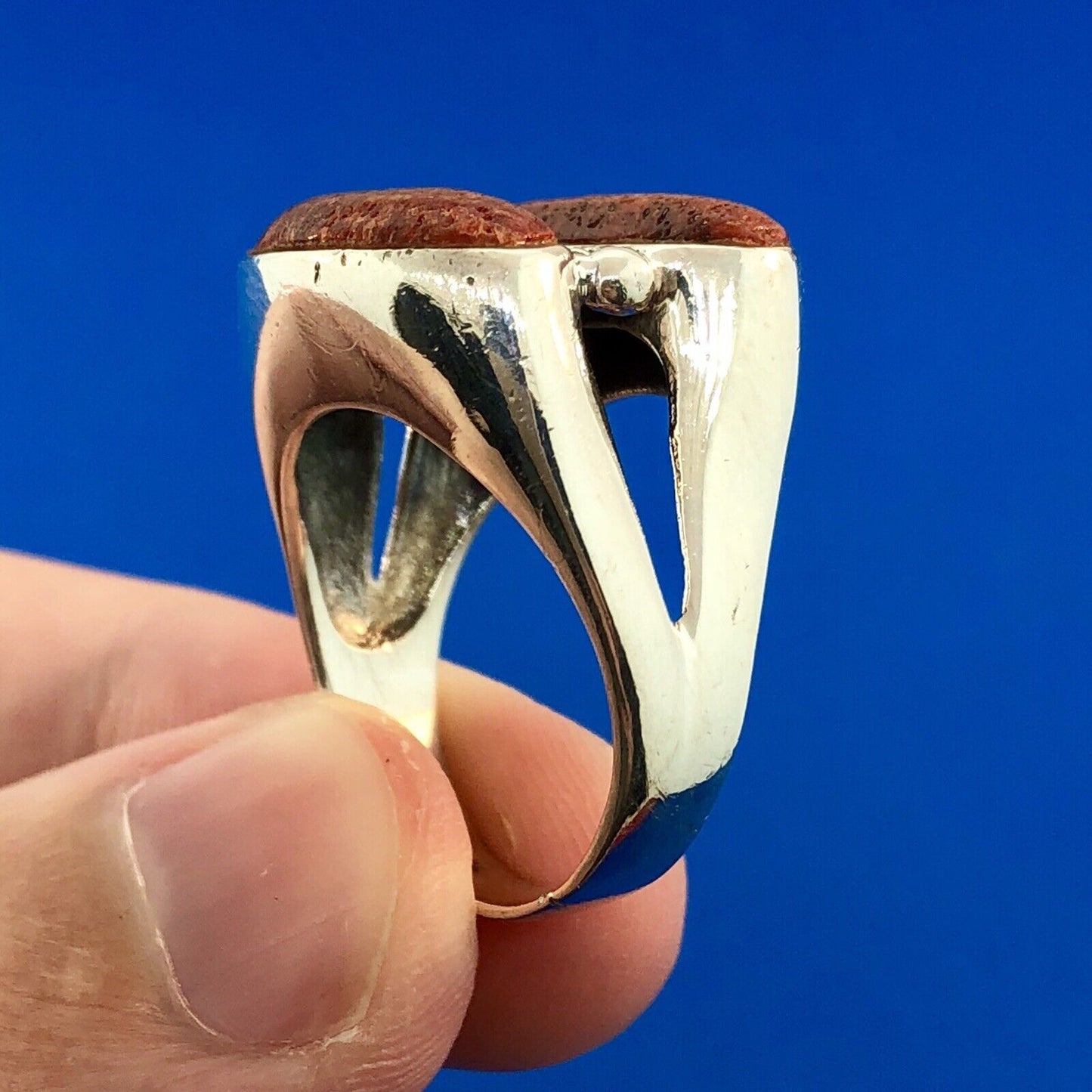 Designer CSX 925 Sterling Silver Red Coral Free Form Statement Double Dome Ring