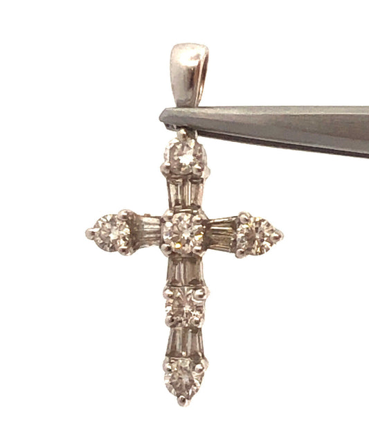 18K White Gold Round & Baguette Diamond Encrusted Religious Cross Pendant