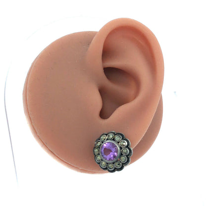 Vintage Designer A 925 Sterling Silver Amethyst Marcasite Flower Stud Earrings
