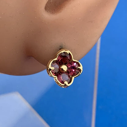 Designer Mexico 14K Yellow Gold Pink Tourmaline Flower Stud Earrings
