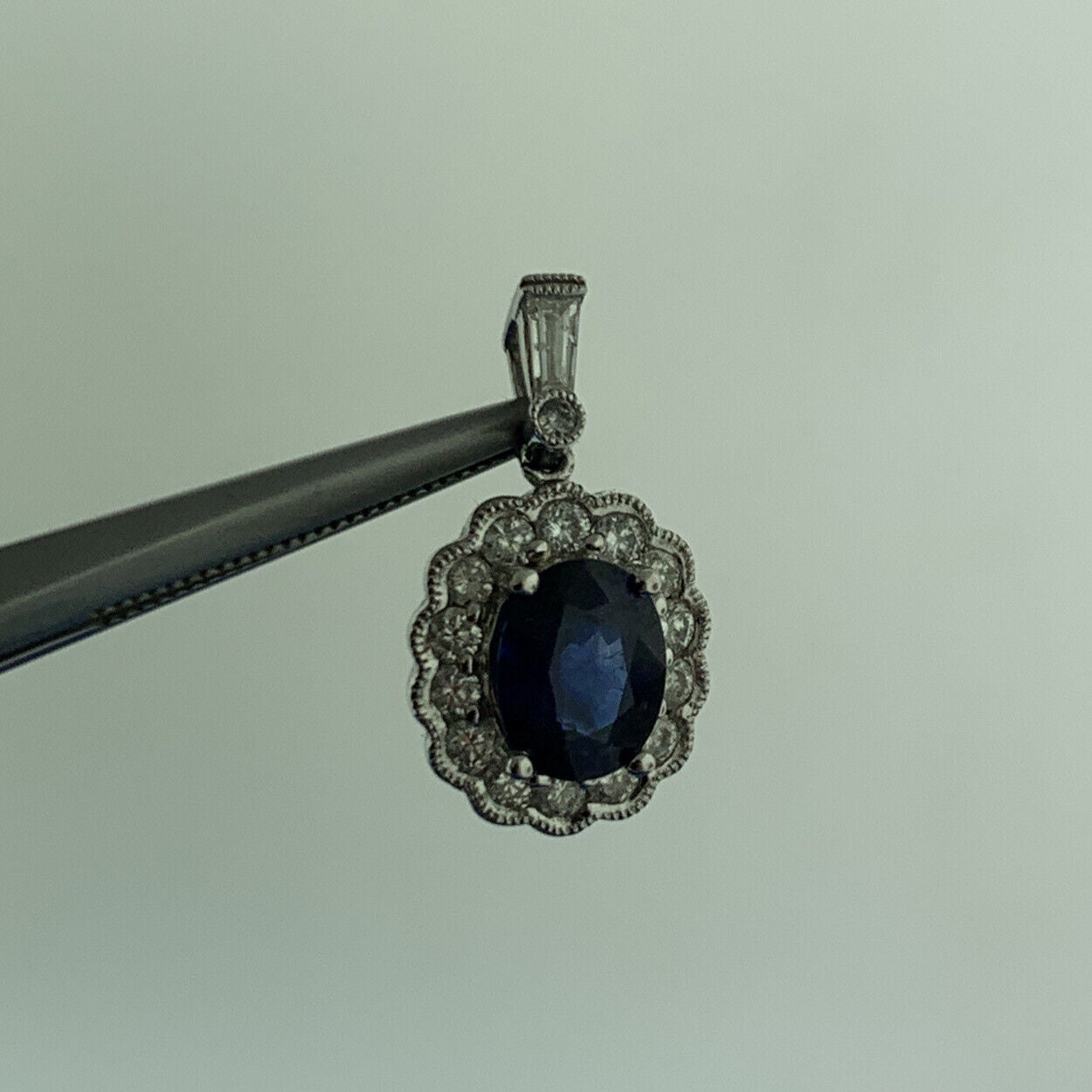 18K White Gold Sapphire Diamond Halo September Anniversary Pendant