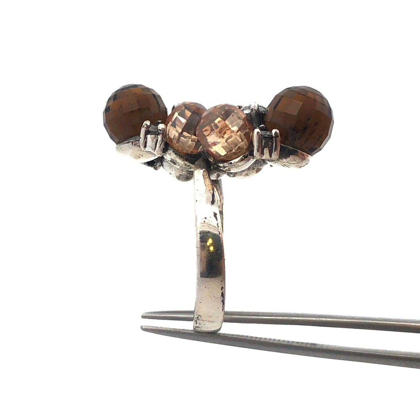 Vintage 925 Sterling Silver Faceted Brown White Cubic Zirconia Ball Cluster Ring