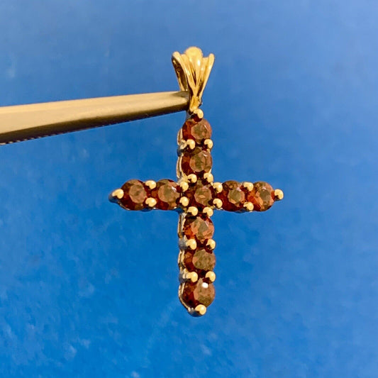 Designer HN 10K Yellow Gold Round Red Garnet Petite Cross Pendant