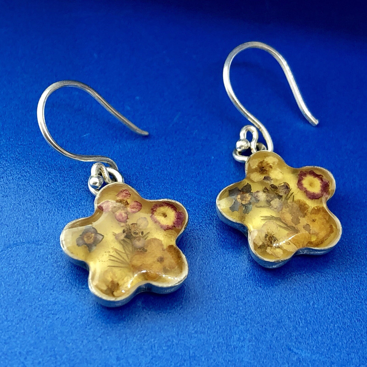 Designer ATI Mexico Sterling Silver 925 Amber Fossil Floral Drop Earrings