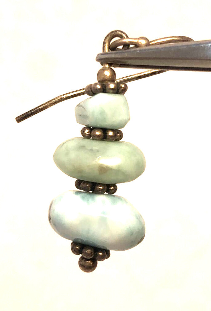 Estate 925 Sterling Silver Blue Larimar Beaded Hook Dangle Earrings