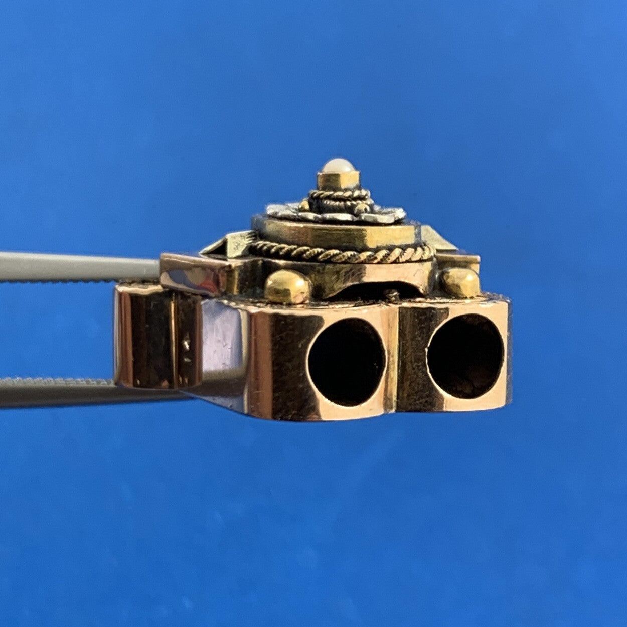 Vintage 14K Yellow Gold Seed Pearl Black Enamel Statement Slide Bracelet Charm