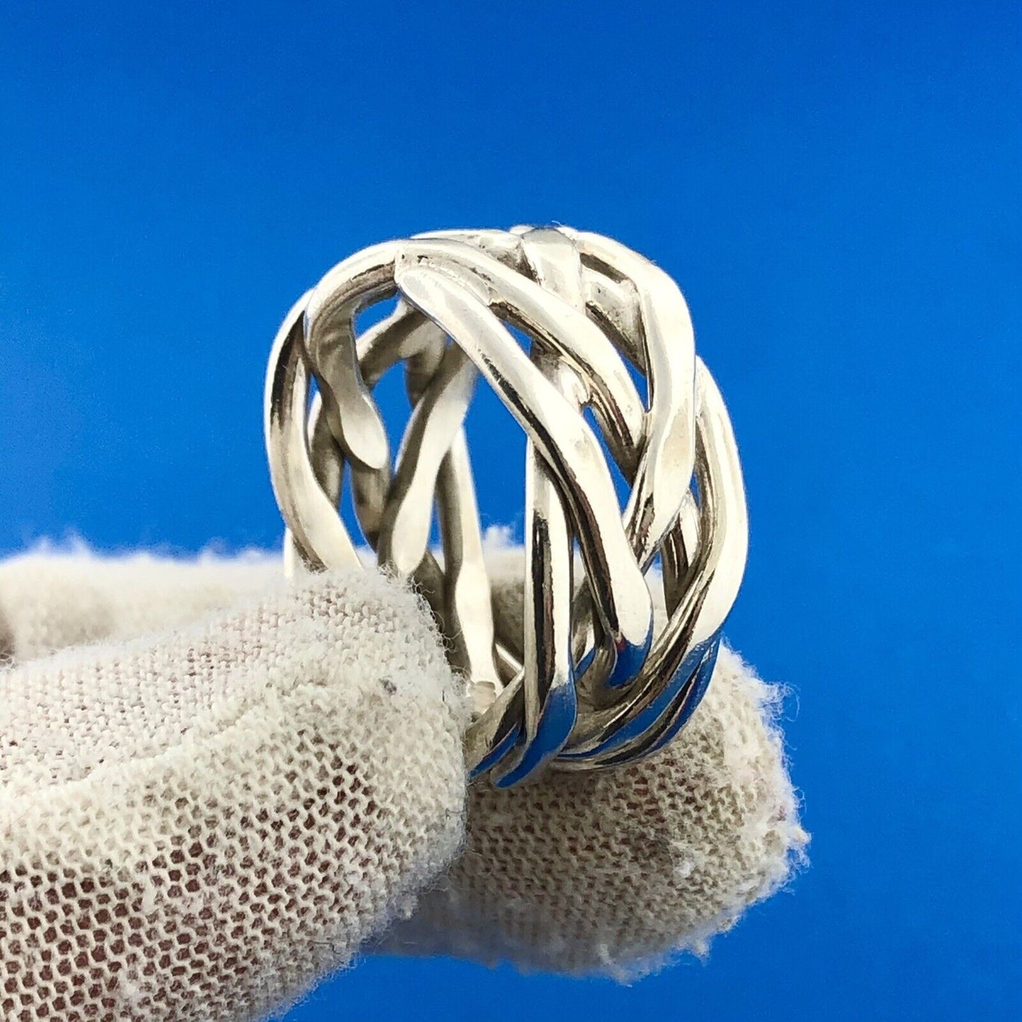 Retro Mexico 925 Sterling Silver Woven Basket Weave Wide Cigar Band Ring