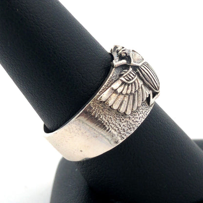 925 Sterling Silver Wings Of Isis Scarab Protection Tapered Cigar Band Ring