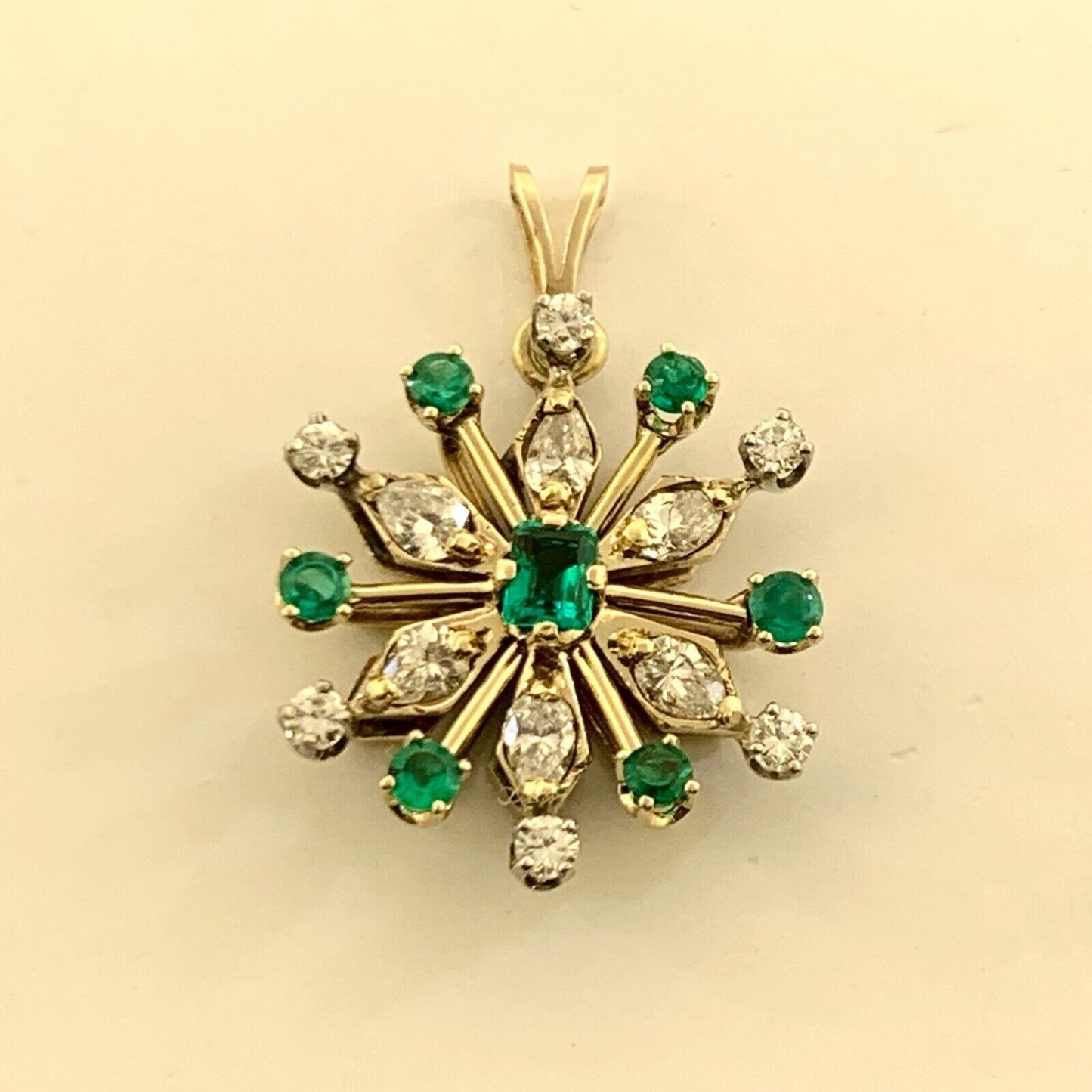 Vintage 14K Yellow Gold Diamond and Emerald Flower Snowflake Statement Pendant
