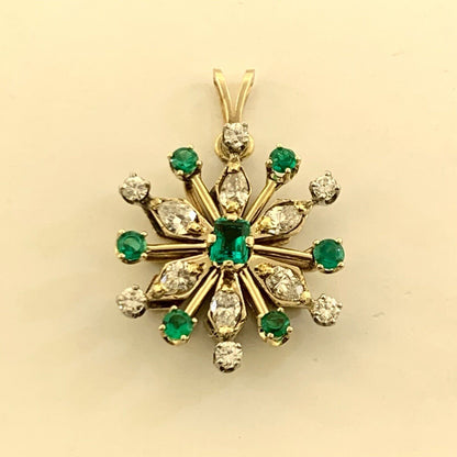 Vintage 14K Yellow Gold Diamond and Emerald Flower Snowflake Statement Pendant