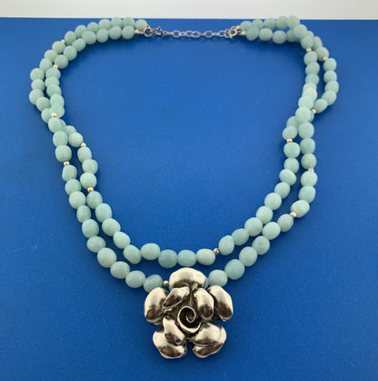 Vintage Sterling Silver Aventurine Beaded Flower Pendant Double Strand Necklace