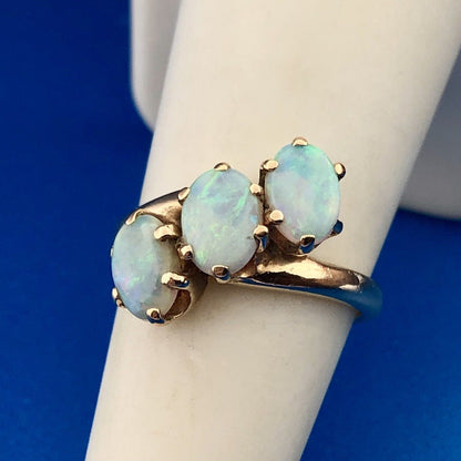 Estate 14K Yellow Gold Oval Opal Trio October Anniversary Occasion Bypass Ring