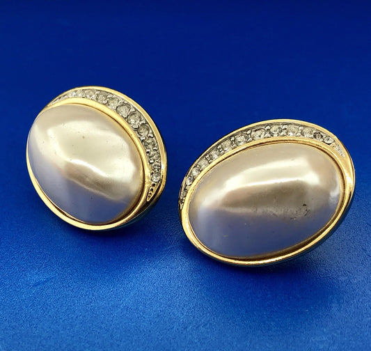 Vintage Richelieu Gold Tone Mabe Pearl Rhinestone Statement Stud Earrings