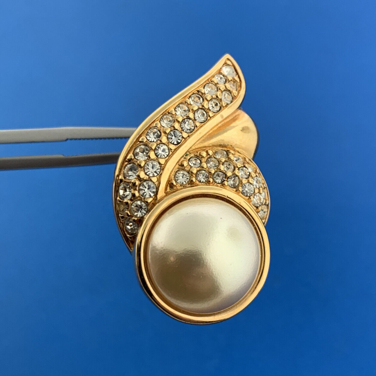 1970's Swarovski SAL Gold Tone Crystal Faux Mabe Pearl Statement Clip Earrings