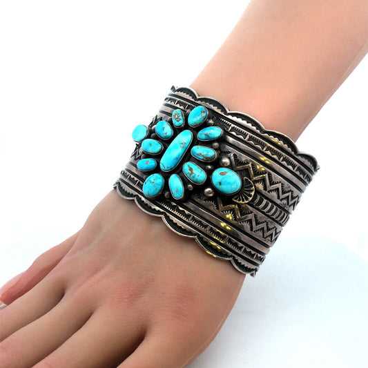 Andy Cadman Navajo 925 Sterling Silver Turquoise Concho Wide Open Cuff Bracelet