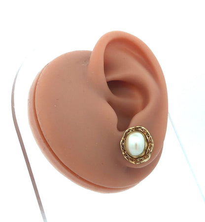 Estate 14K Yellow Gold Filled Oval Pearl Filigree Halo Birds Nest Stud Earrings