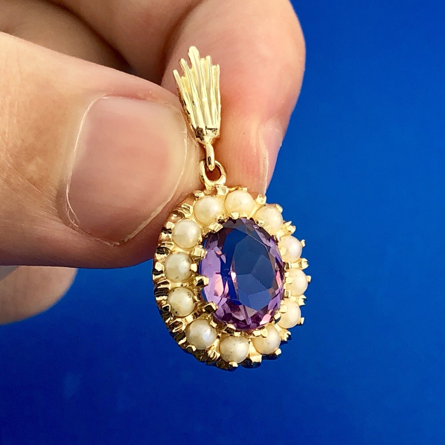 Victorian 14K Yellow Gold Amethyst Seed Pearl Halo February Anniversary Pendant