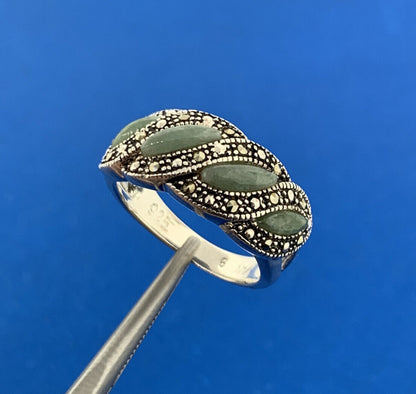 Designer NV 925 Sterling Silver Jade Marcasite Accented Cocktail Ring