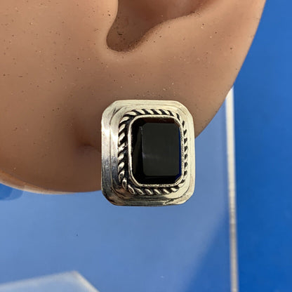 Vintage 925 Sterling Silver Rectangle Black Onyx Statement Stud Earrings