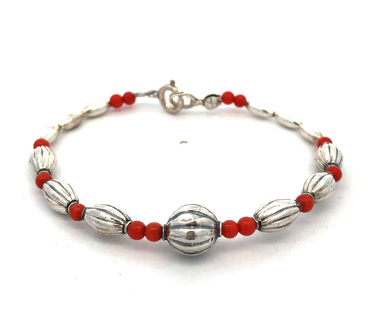 Designer STG 925 Sterling Silver Red Coral Textured Beaded Bracelet