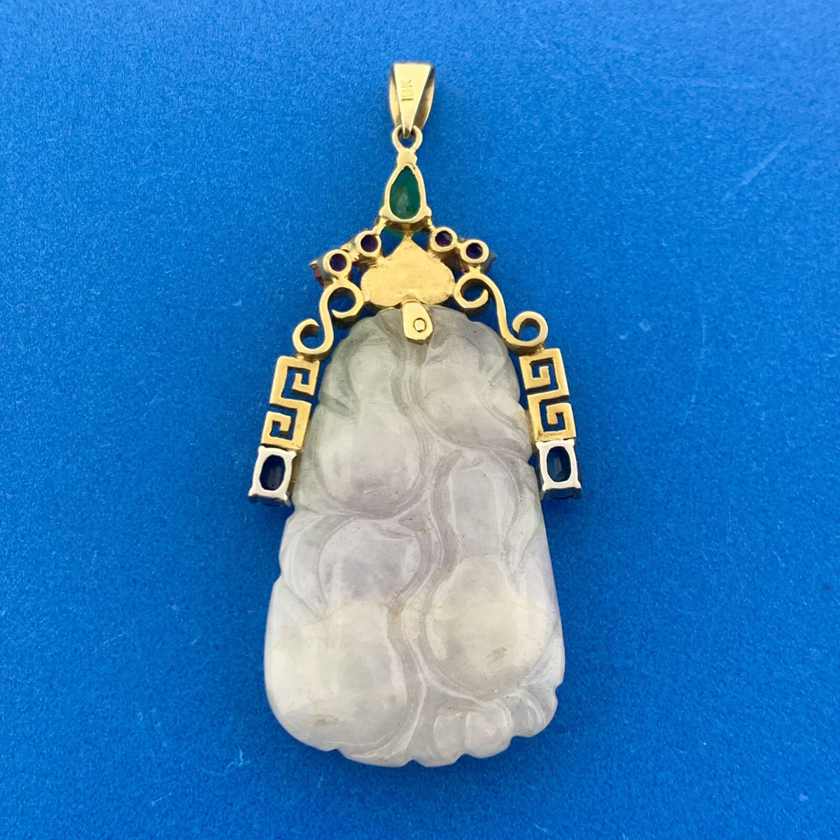 Gorgeous 18k Yellow Gold Carved White Jade Emerald Ruby Sapphire Dangle Pendant