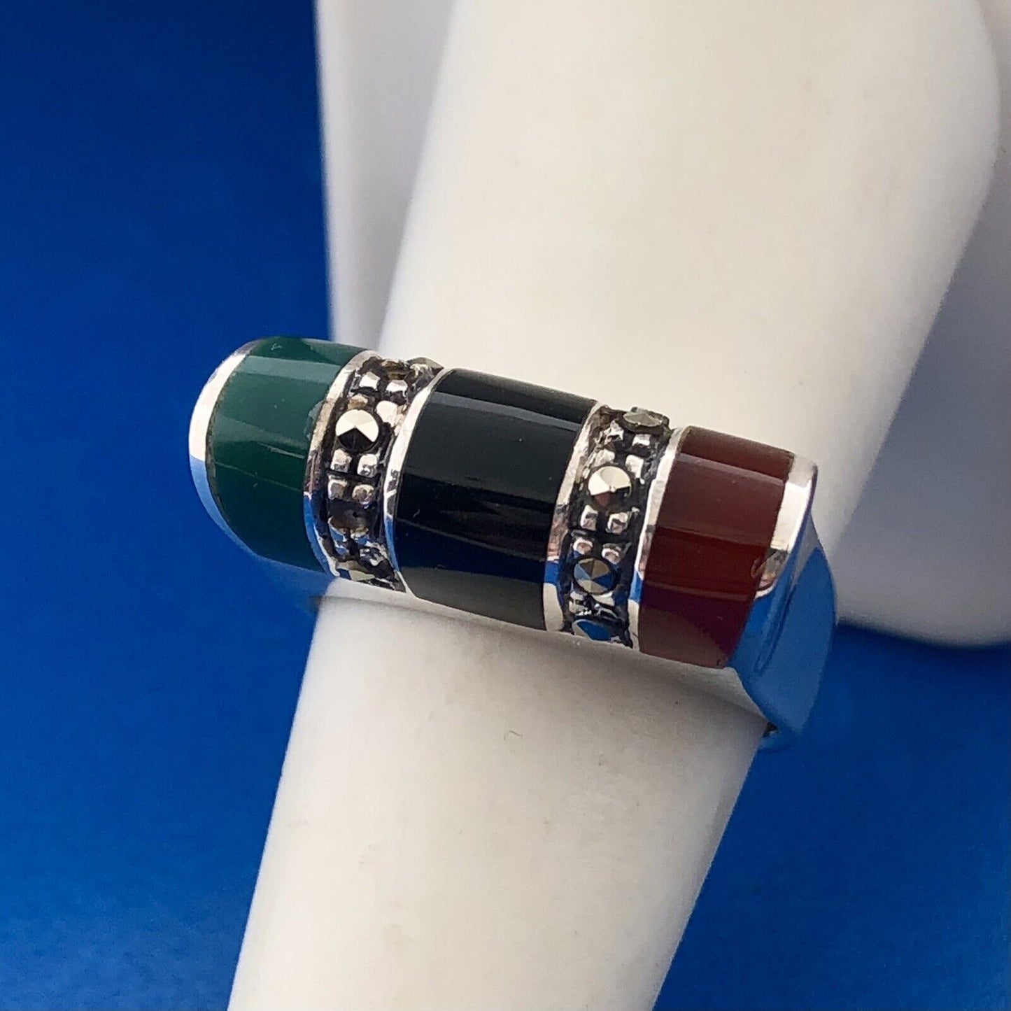 Retro Designer ND 925 Sterling Silver Green Black Onyx Carnelian Marcasite Ring