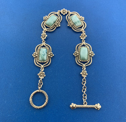 Designer 925 Sterling Silver Larimar Balinese Floral Panel Toggle Bracelet