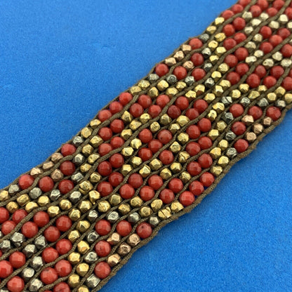 Chan Luu Sterling Silver Leather Coral Pyrite Seed Bead Patterned Wrap Bracelet